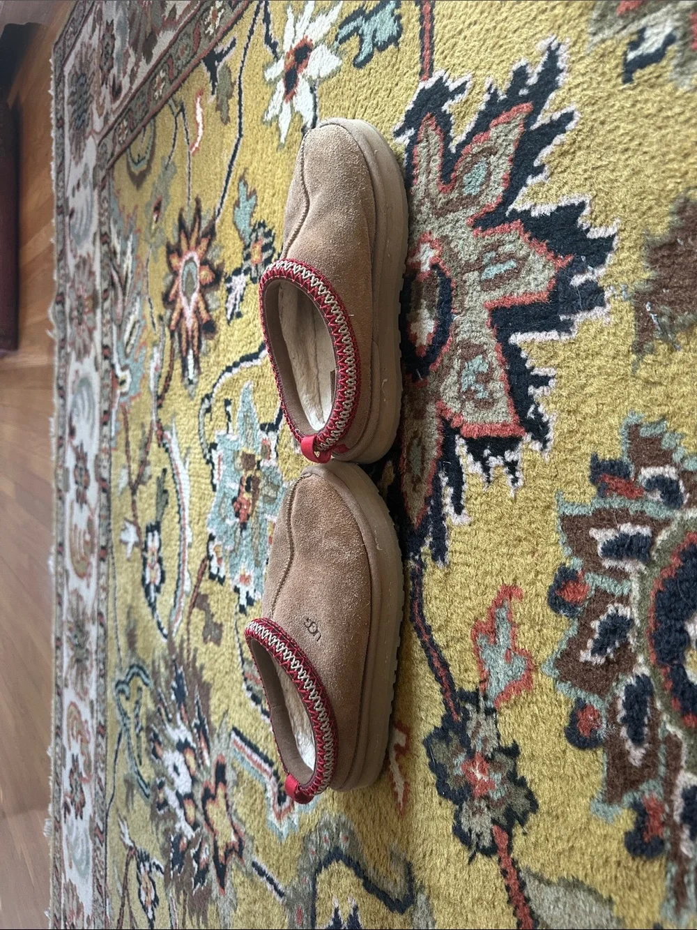UGG Kids Tan Suede Slip-On Shoes with Red Trim